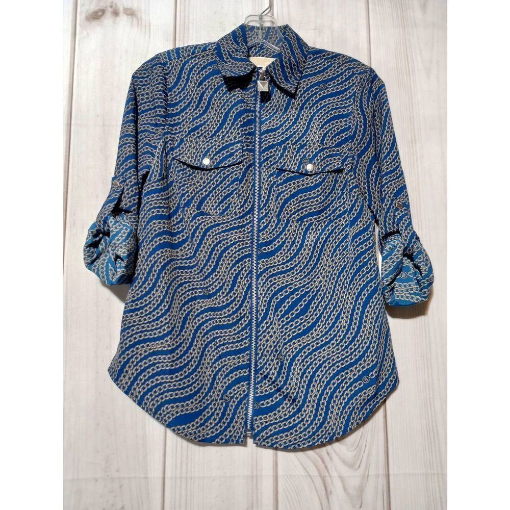 Michael Kors Shirt Ladies Extra Small Blue Silver Chain link 3/4 Sleeve